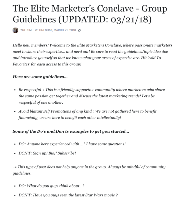 The Elite Marketer's Conclave FB rules
