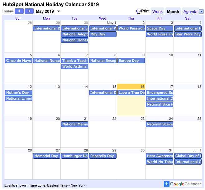 Calendario de feriados nacionales de HubSpot 2019