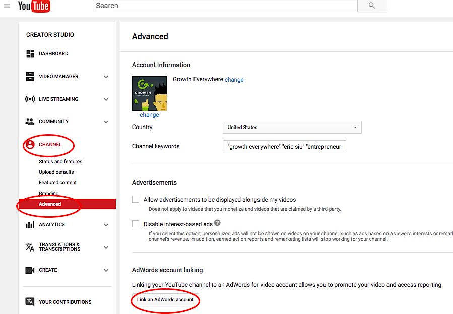 Linking Your AdWords Account to Your Channel