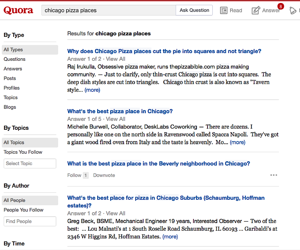 search “chicago pizza places” into a site like Quora