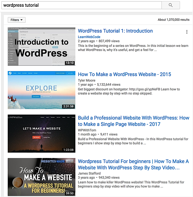 searching for “WordPress tutorial” on YouTube