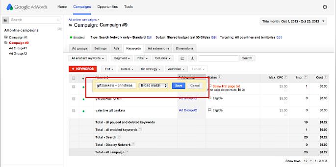 Google AdWords keywords