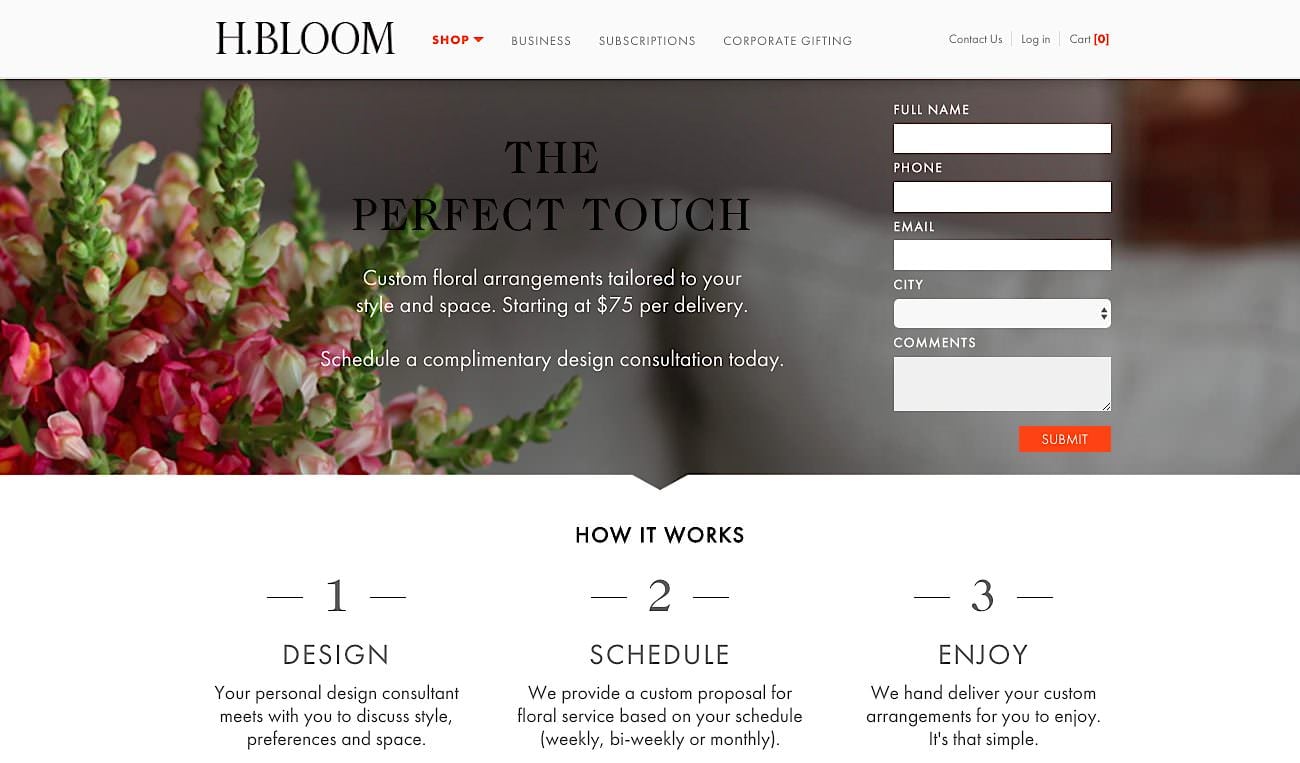 H Bloom landing page