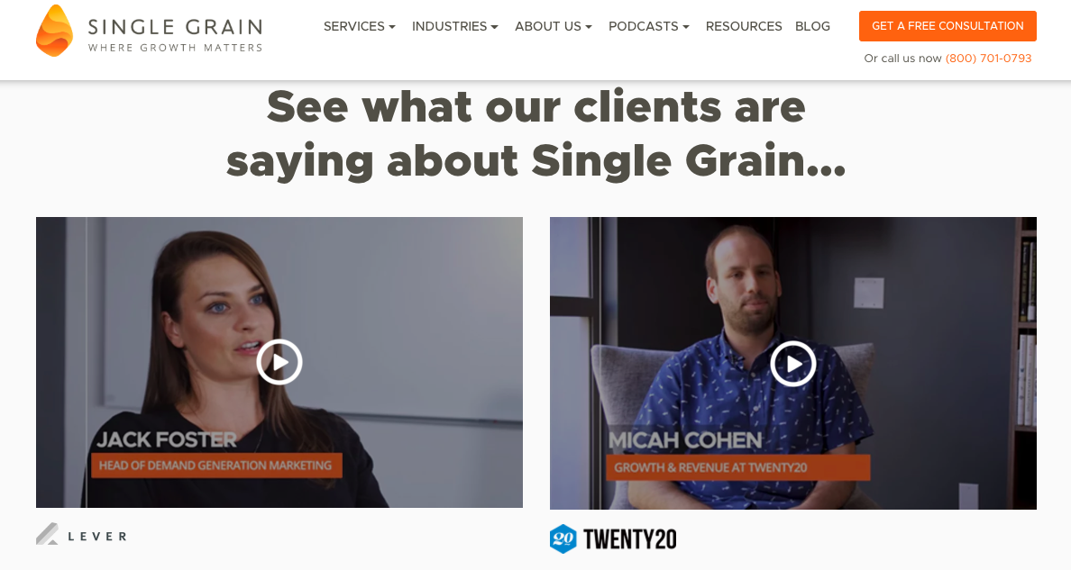 Single Grain customer testimonial videos