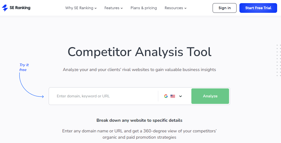 SE Ranking competitor analysis tool homepage.
