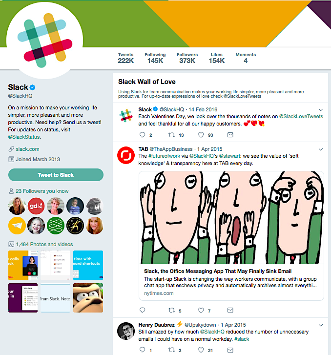 Slack's Wall of Love on Twitter