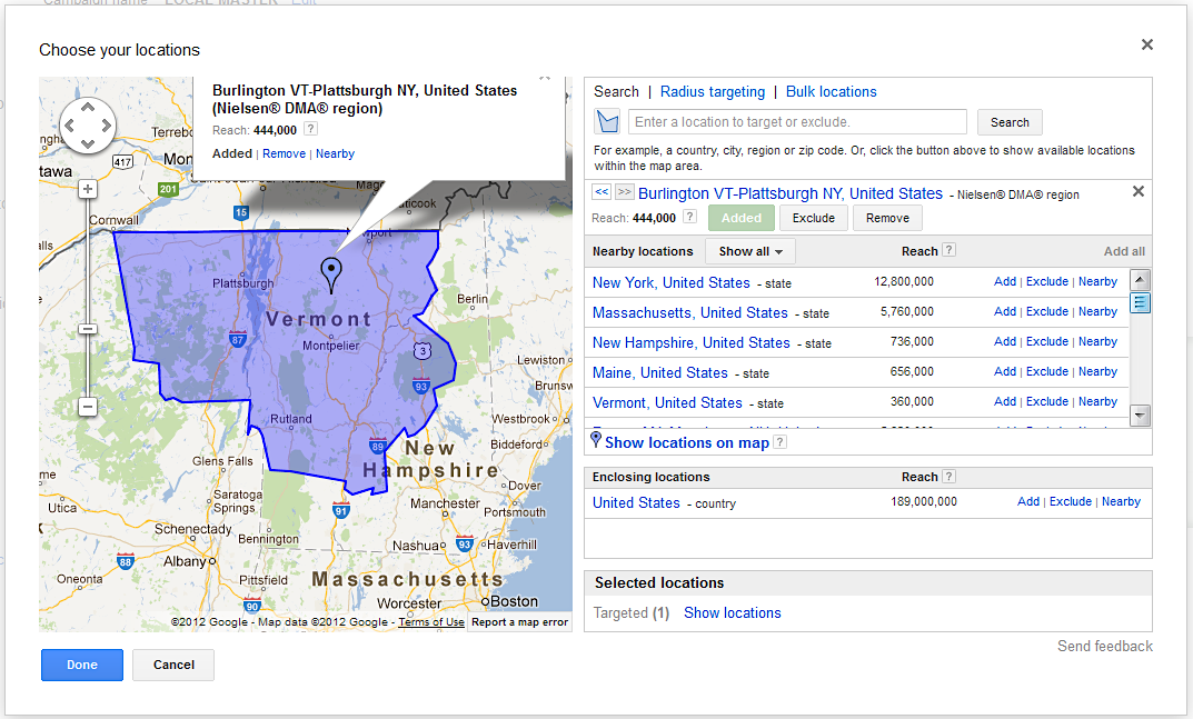 Adwords-Location-Targeting-Burlington-Plattsburgh-Map