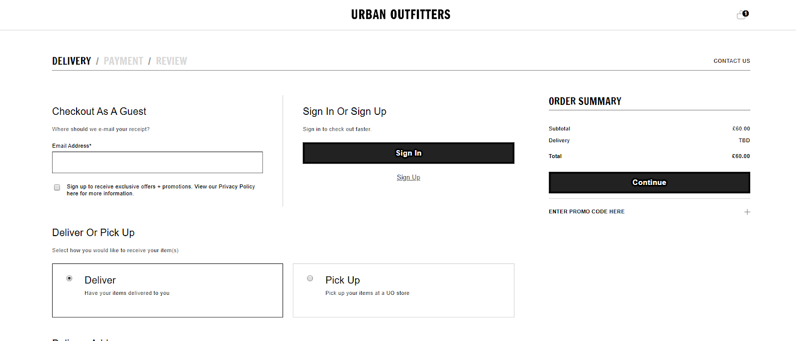 Urban Outfitters guest checkout