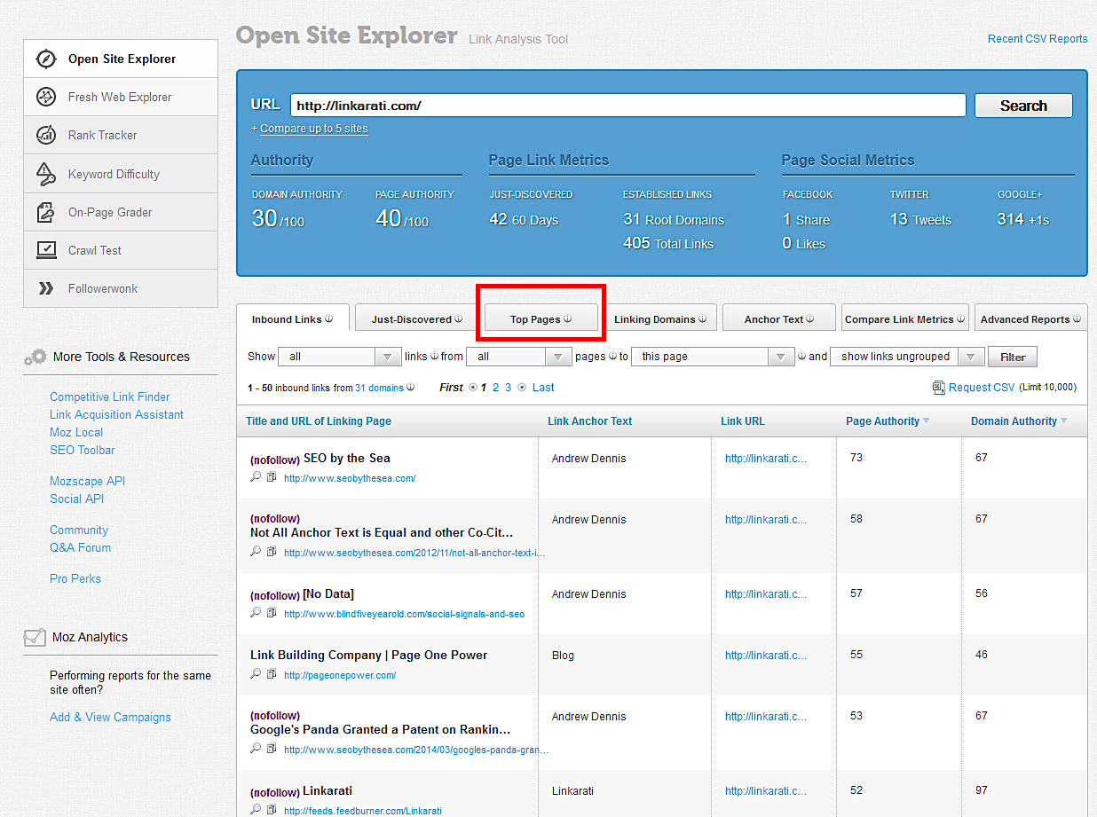 Moz's Link Explorer page