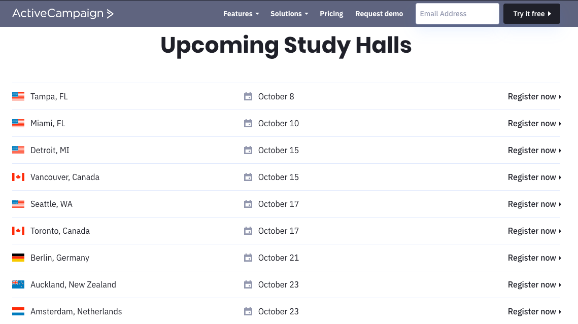 Active Campaign upcoming study halls