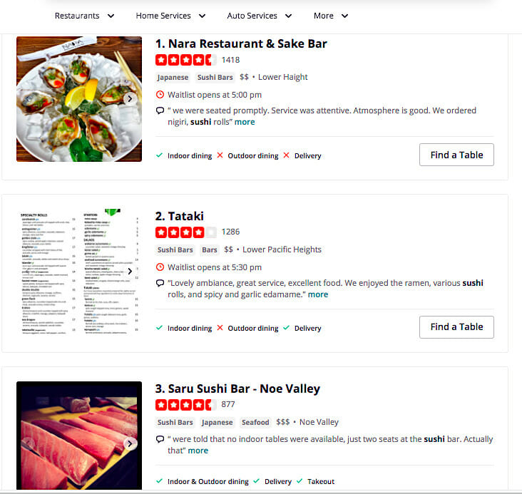 Yelp reviews