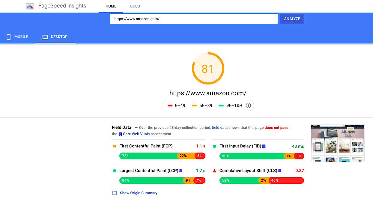 PageSpeed Insights - Amazon