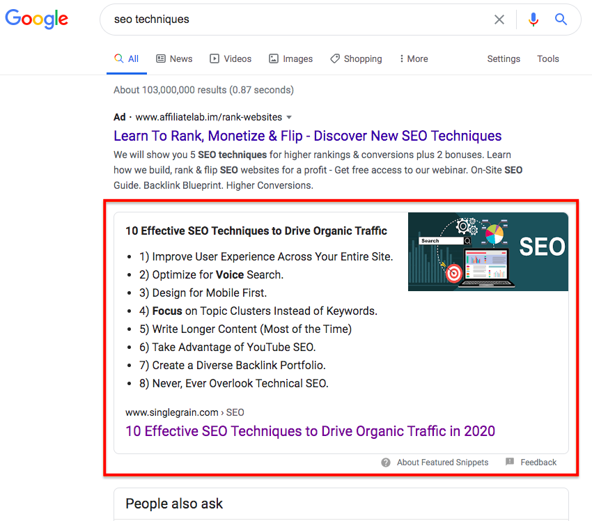 SEO techniques featured snippet