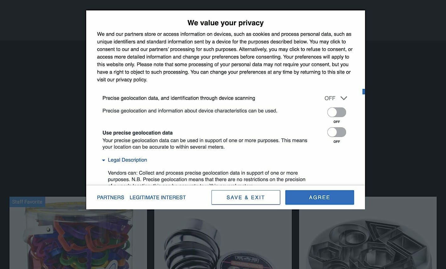 Pop-up privacy policy