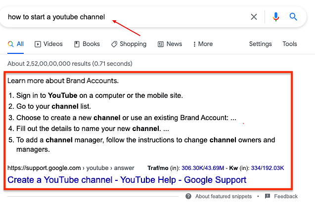 Featured snippet example for search query how-to-start-a-youtube-channel