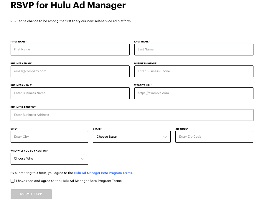 Hulu ad manager rsvp form