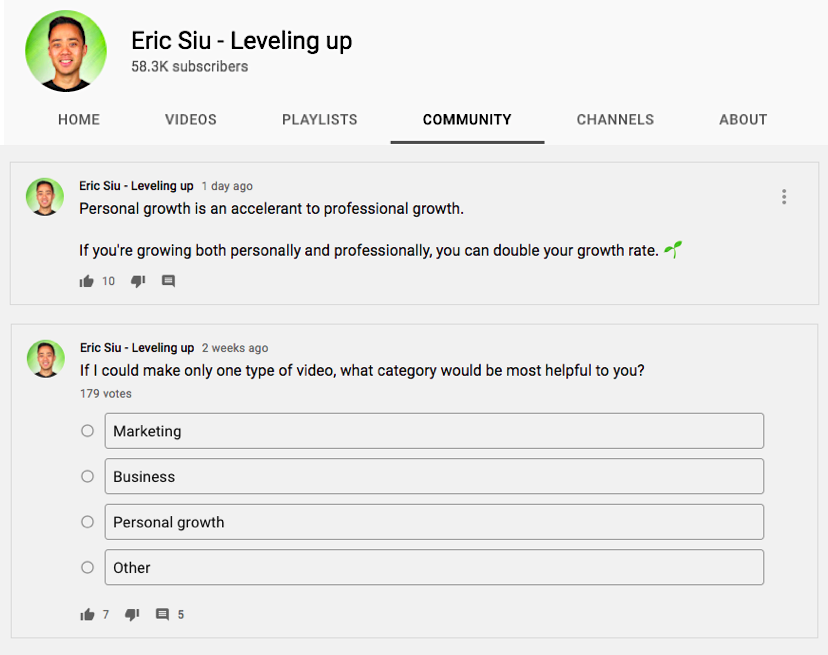 Eric Siu Leveling Up YT channel community tab