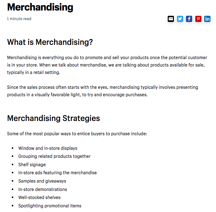 Shopify Merchandising glossary page