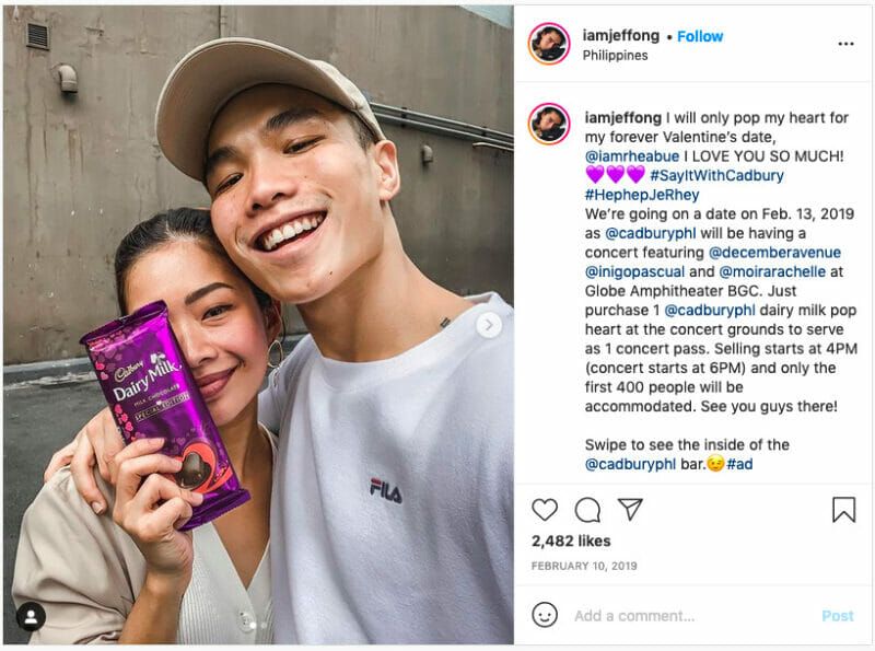 Instagram micro-influencer iamjeffong hired by Cadbury