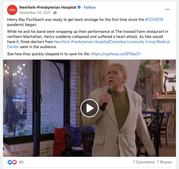 New York Presbyterian Hospital Facebook post about singer who had a heart attack