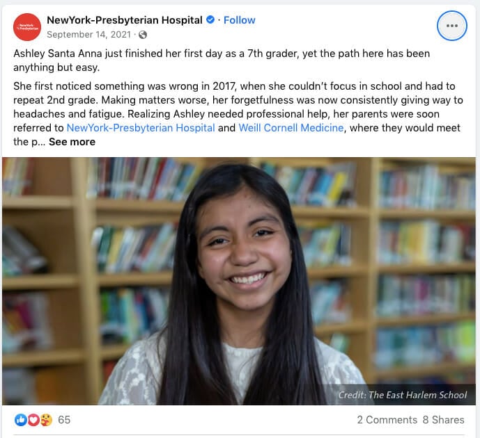 New York Presbyterian Hospital Facebook post about Ashley Santa Anna