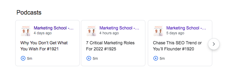 podcast episodes carousel listed in search results