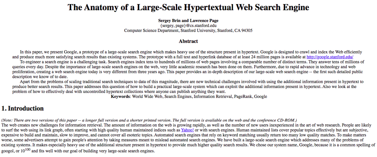 screenshot from Larry Page's original paper The Anatomy of a Large-Scale Hypertextual Web Search Engine