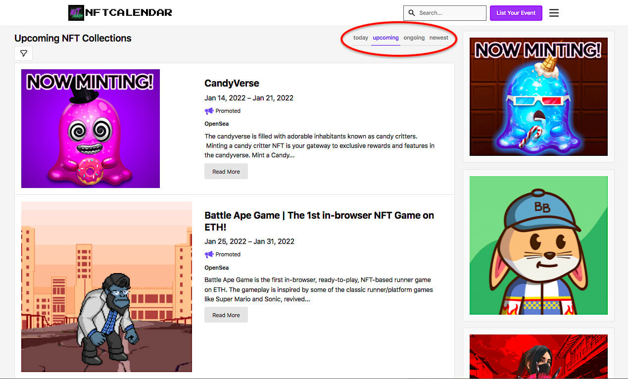 NFT Calendar upcoming drops page