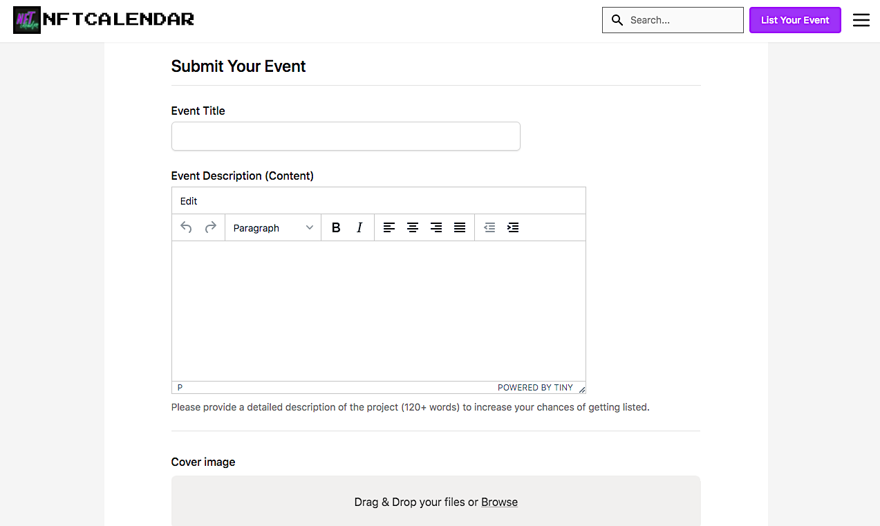 NFT calendar list your event page