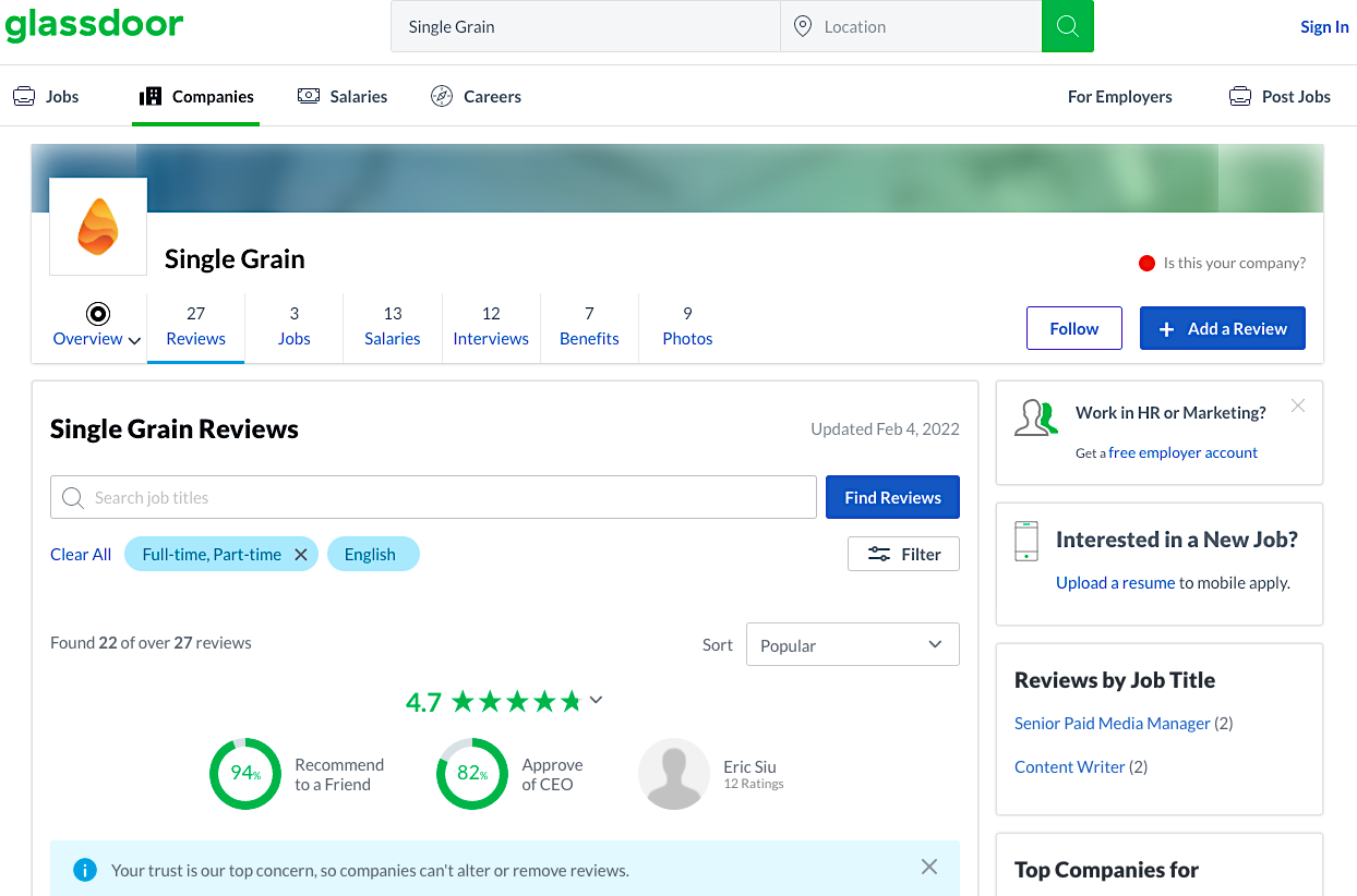 Glassdoor - Single Grain employee reviews