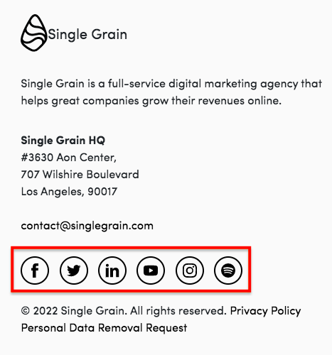 Single Grain footer with social icons