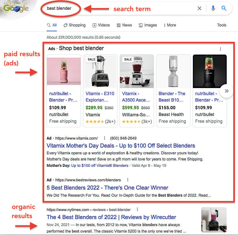 Paid search marketing example in Google