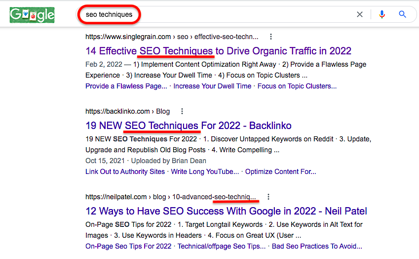 Google SERPs screenshot of top 3 results for 'seo techniques'