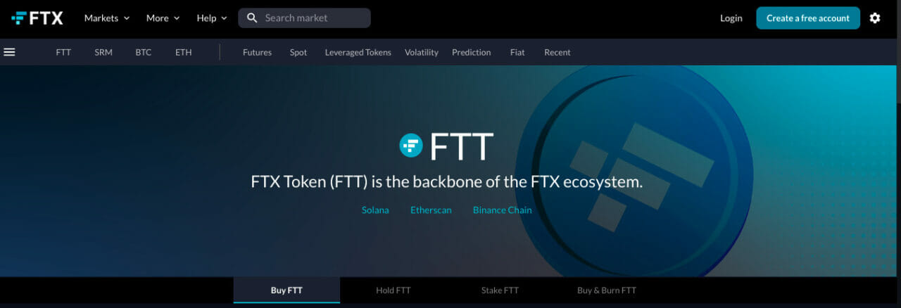 screenshot of FTX's FTT website home page