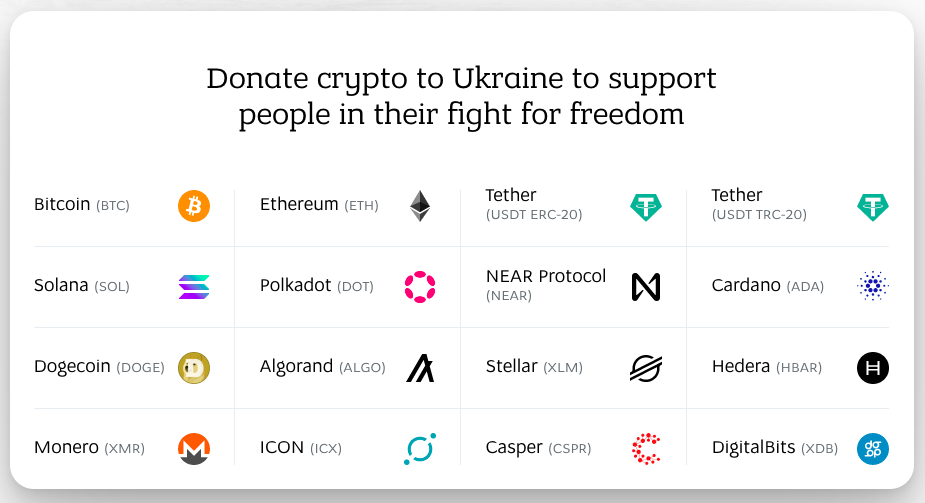 screenshot of FTX and Ukraine crypto donations web page