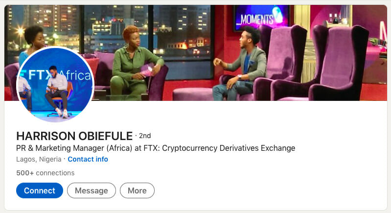 FTX PR manager Harrison Obiefule LinkedIn page