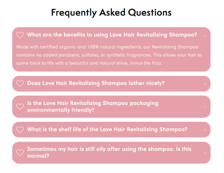 Love Hair FAQs on product page