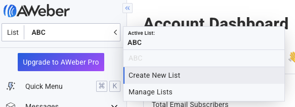 AWeber getting started -- create new list page