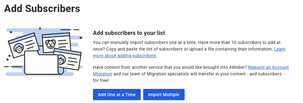 AWeber getting started -- add subscribers one at a time page