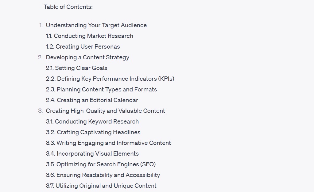 Content marketing table of contents