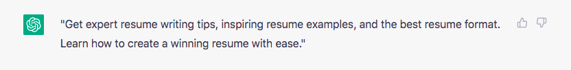 Screenshot of ChatGPT Prepare a description tag for the article 'How to Write a Resume Like a Pro- Examples + Free Templates'.