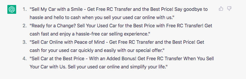 Screenshot of ChatGPT Prompt- “Prepare 4 ad descriptions for a business that buys and sells cars.