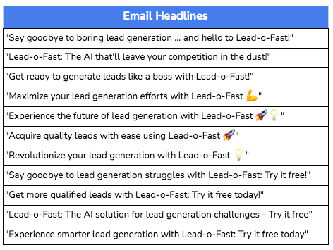 ChatGPT for content - email headlines - a table with 11 examples