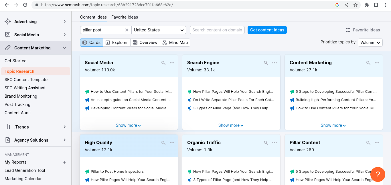 Screenshot of Semrush topic research tool