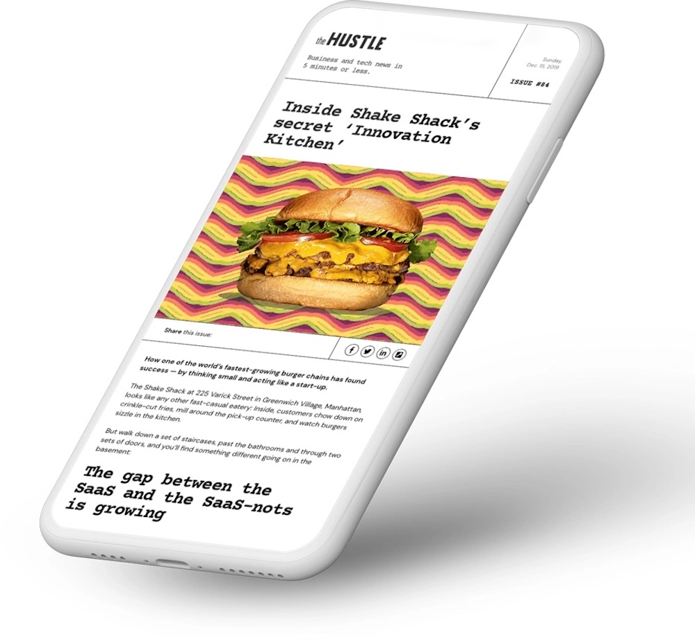 image of smartphone screen showing The Hustle newsletter