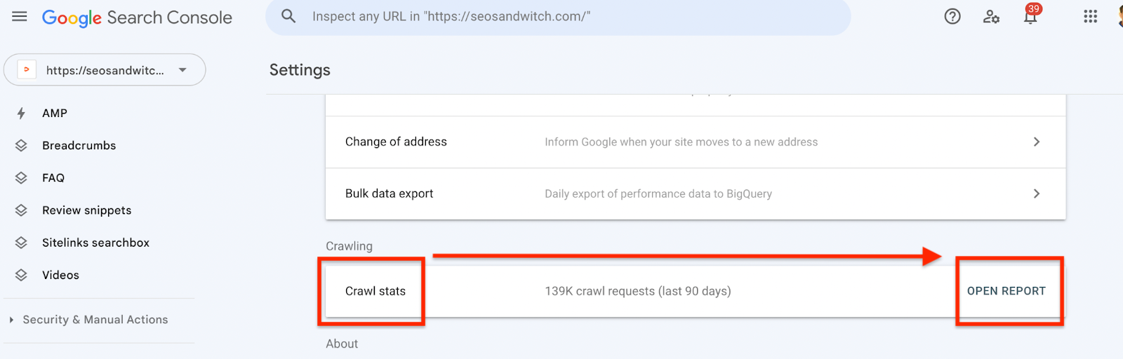 Google Search Console Crawl Stats > Open Report