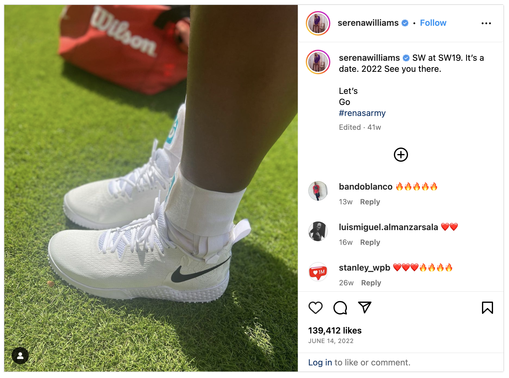 Serena Williams Instagram post wearing Nike shoes