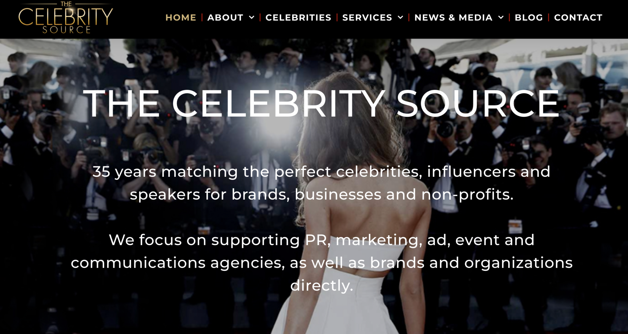 Home page of The Celebrity Source website to book celebrities