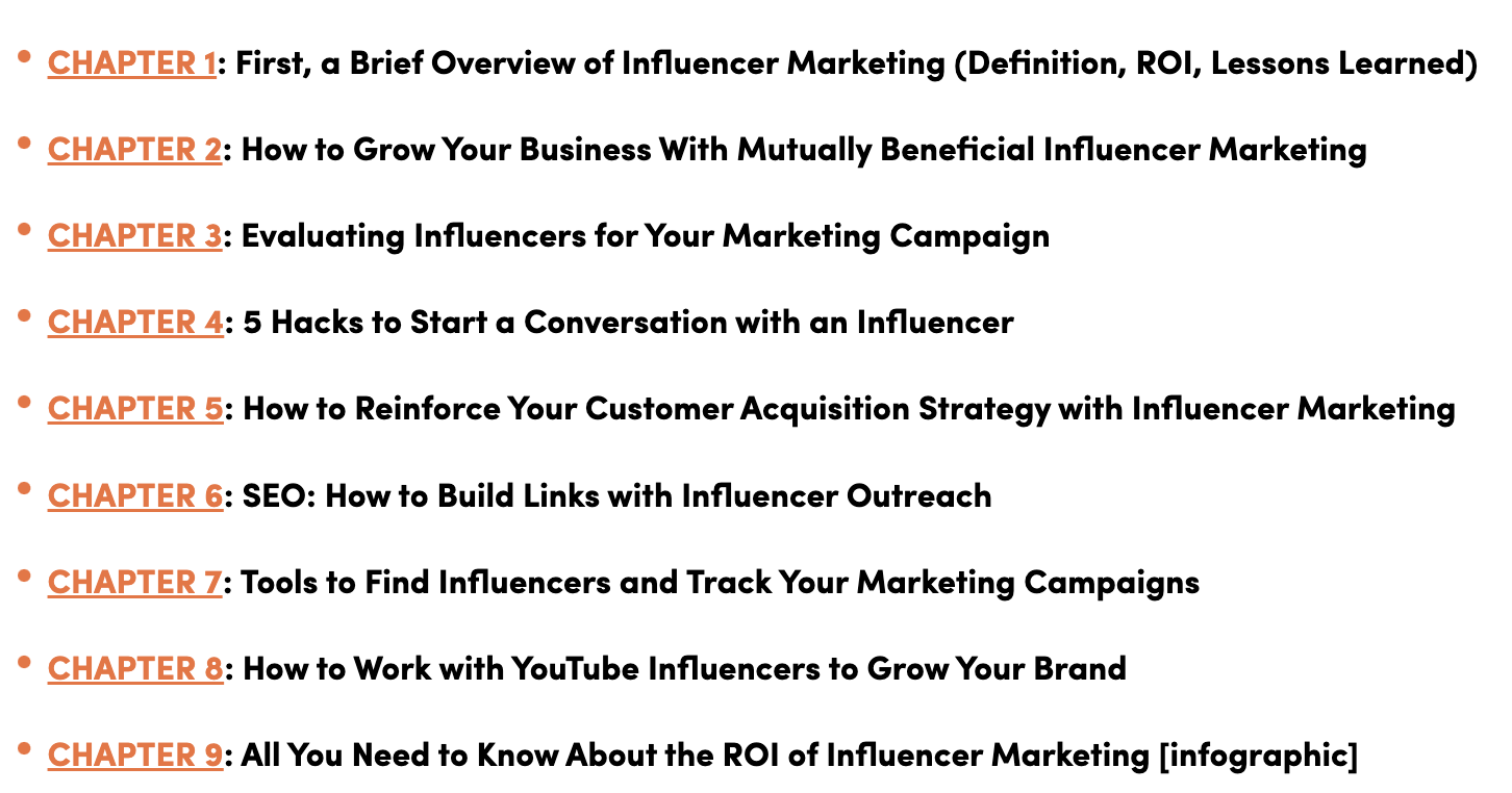 influencer marketing strategy post - screenshot of table of contents