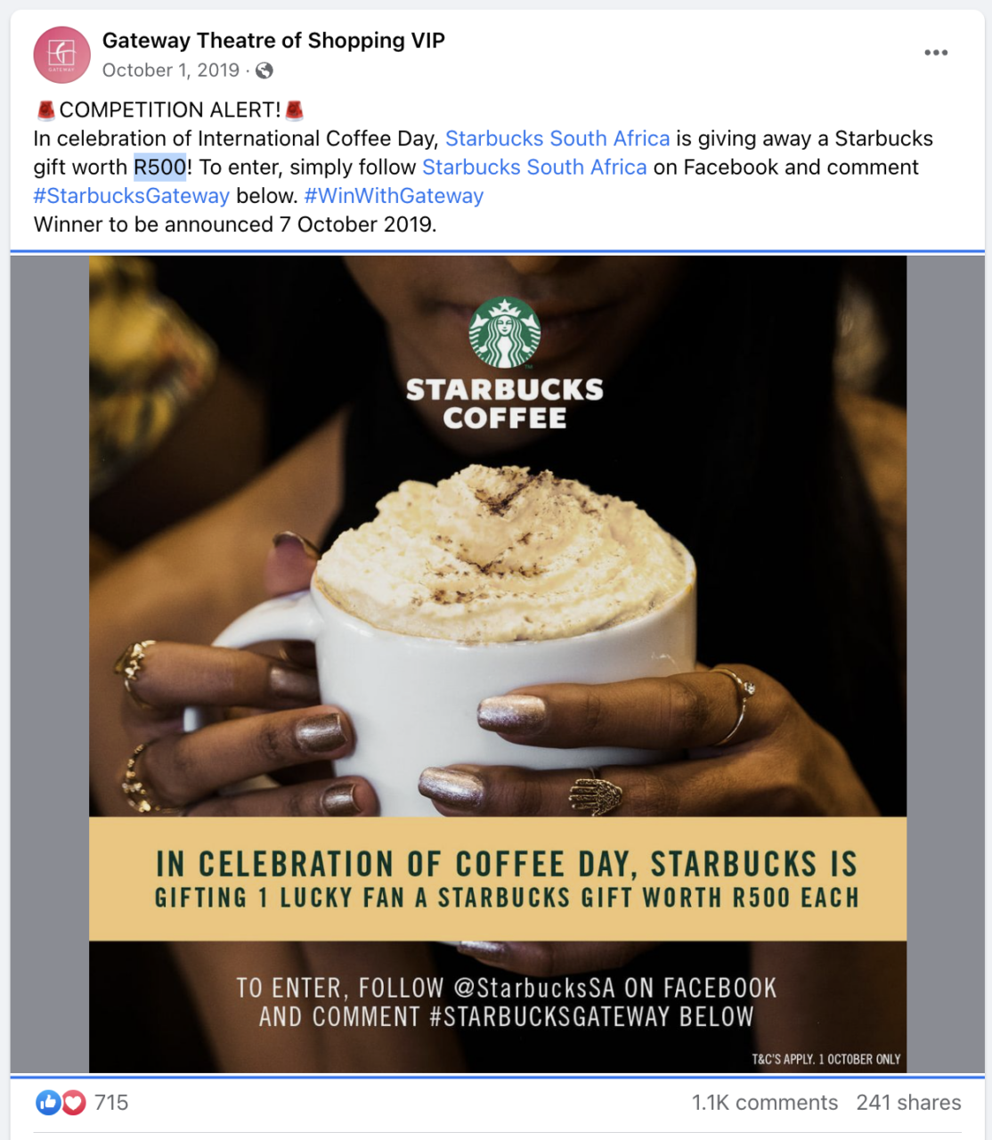 Facebook Starbucks Ad showing a giveaway